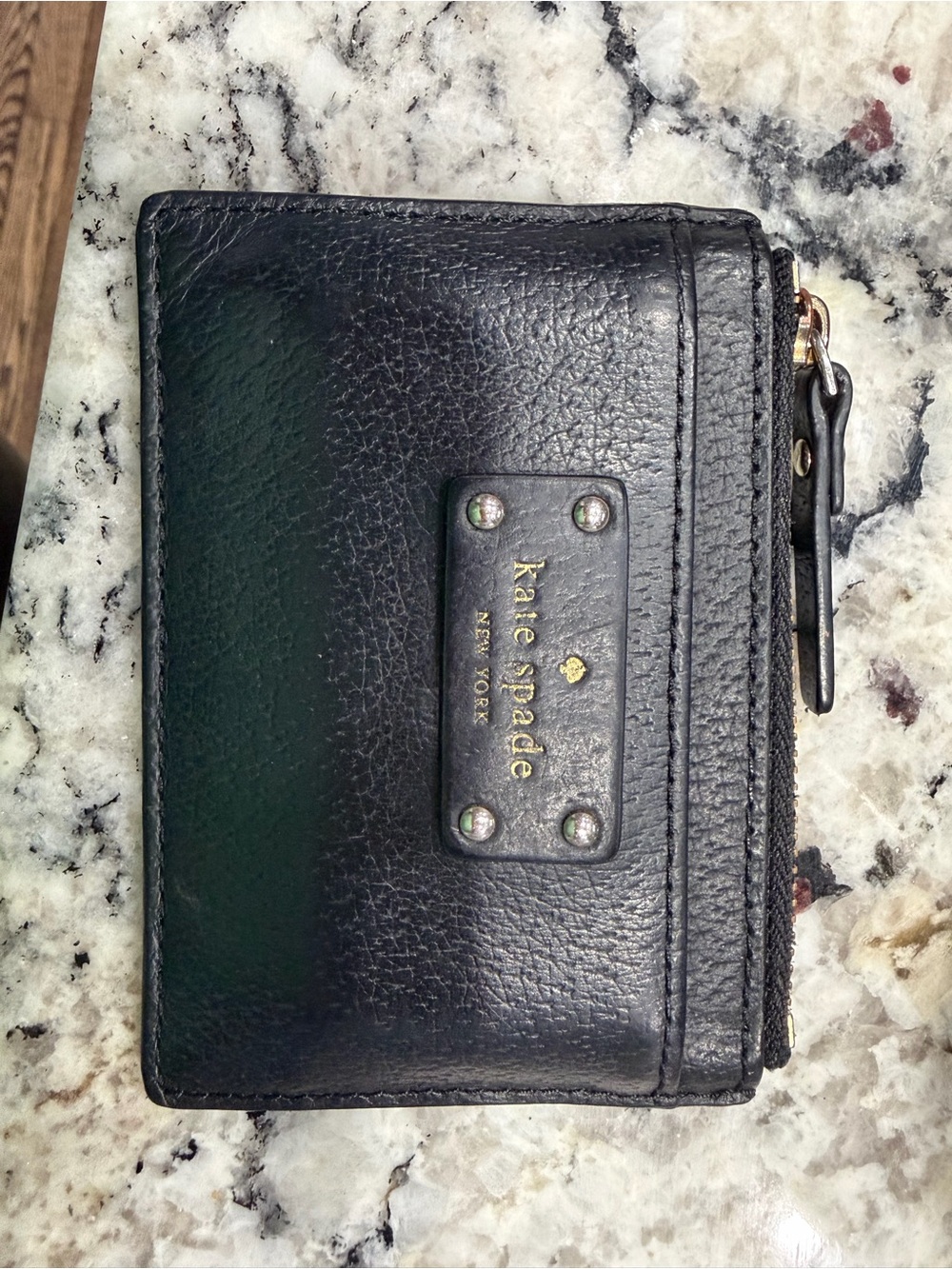 kate spade Black Leather Zip Card Holder with Gold Logo
